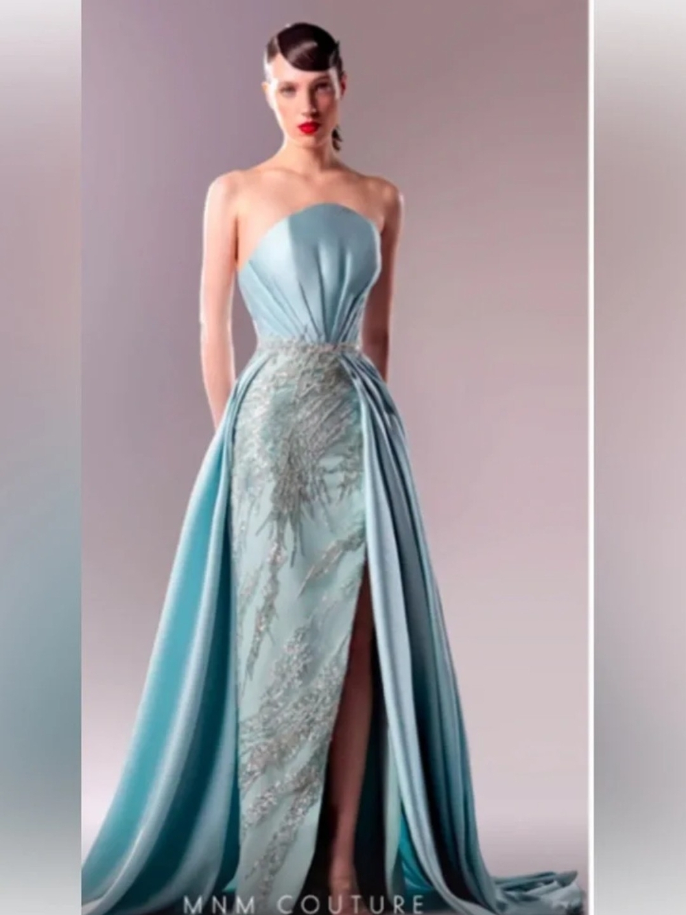 MNM Couture Strapless Ice Blue Embellished Gown with Draped Overskirt